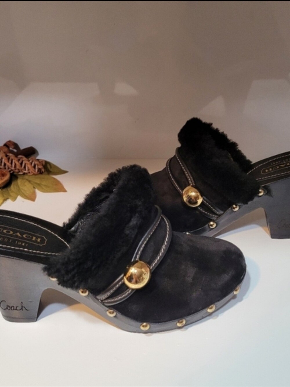 Coach Ivanka Suede Fur-Trimmed Clog Mule Heels In Black - Picture 5 of 7
